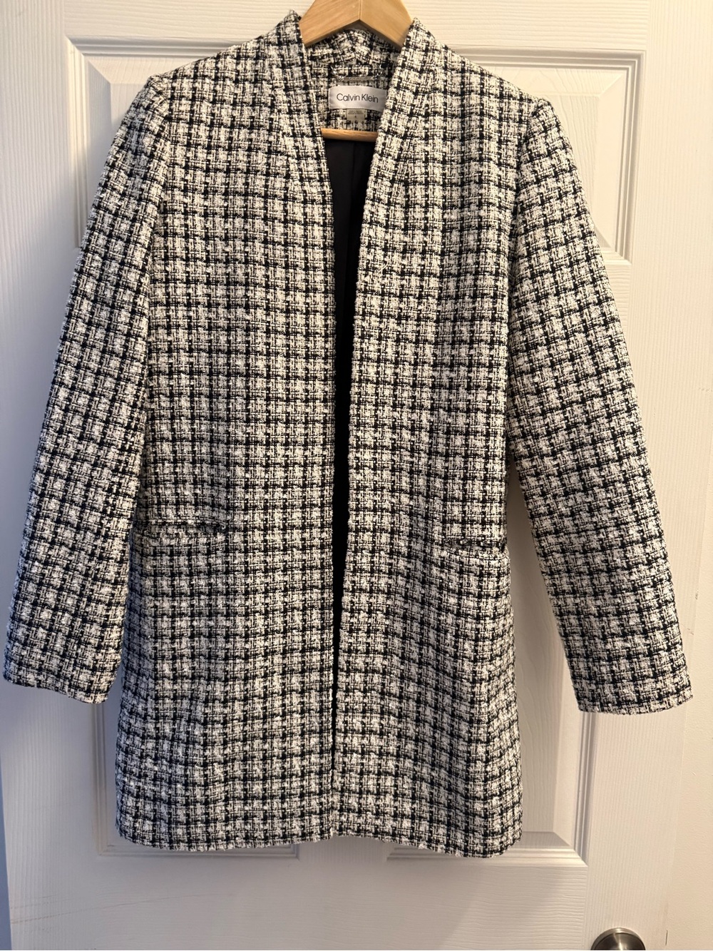 Calvin Klein Black and White Tweed Open-Front Blazer Jacket